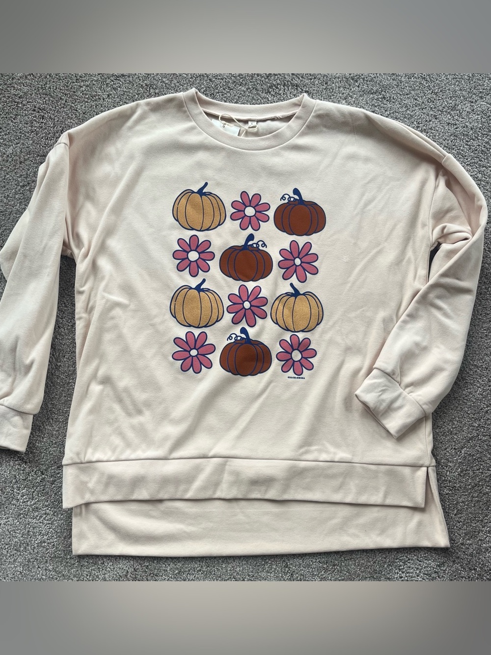 Cream Pumpkin & Pink Daisy Graphic Oversized Soft Sweatshirt - Women L and 2XL
